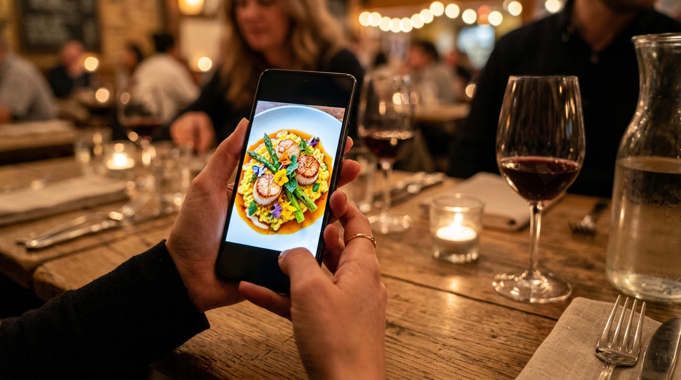 Comensal en un restaurante explorando una carta digital inmersiva en su teléfono móvil