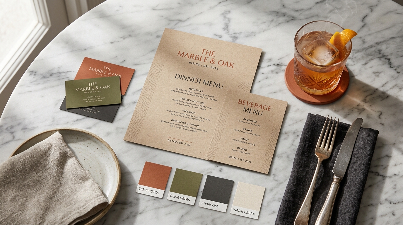Composición de diseño editorial para restaurante con paleta de terracotas y tipografía elegante