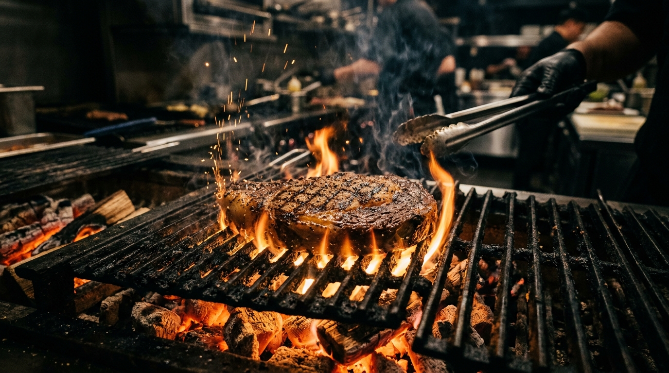 Corte de carne asándose sobre brasas de carbón al rojo vivo con humo y chispas